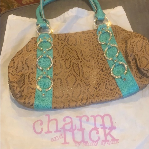 Charm and Luck rhinestone leather Leopard print bag green turquoise trim - Picture 4 of 8